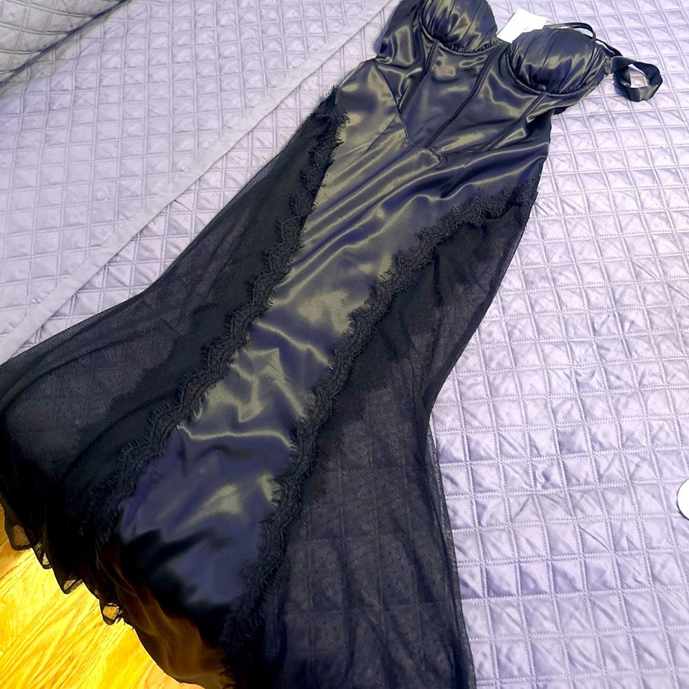 Brand new, tags attached, Blithe LA size small, black corset satin lace dress.